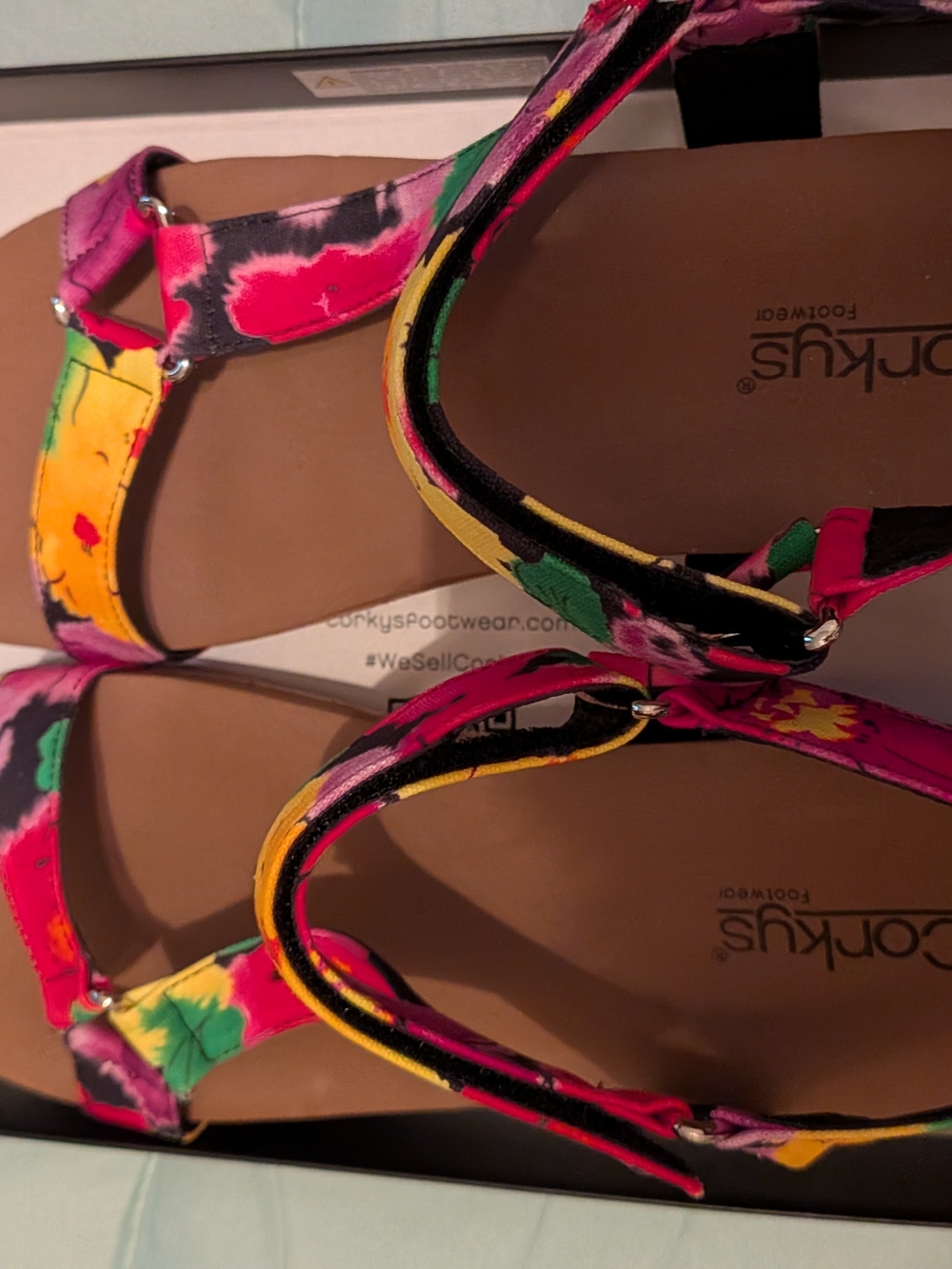 Corkys Bright Floral T-Strap Sandals in Pink, Yellow & Green